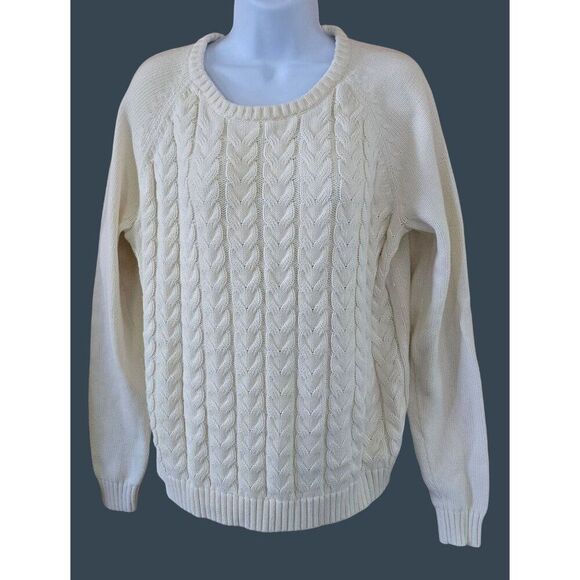 Lands End Womens XL Cable Knit Ivory Sweater fisherman Nautical cottagecore boho - Picture 1 of 7
